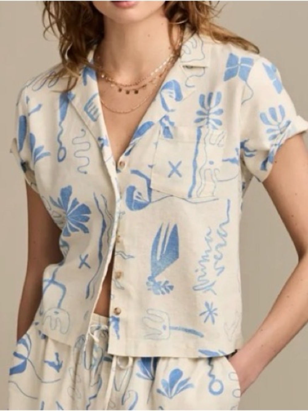 Lucky Brand Cream Short-Sleeve Button Front Top with Blue Abstract Print
